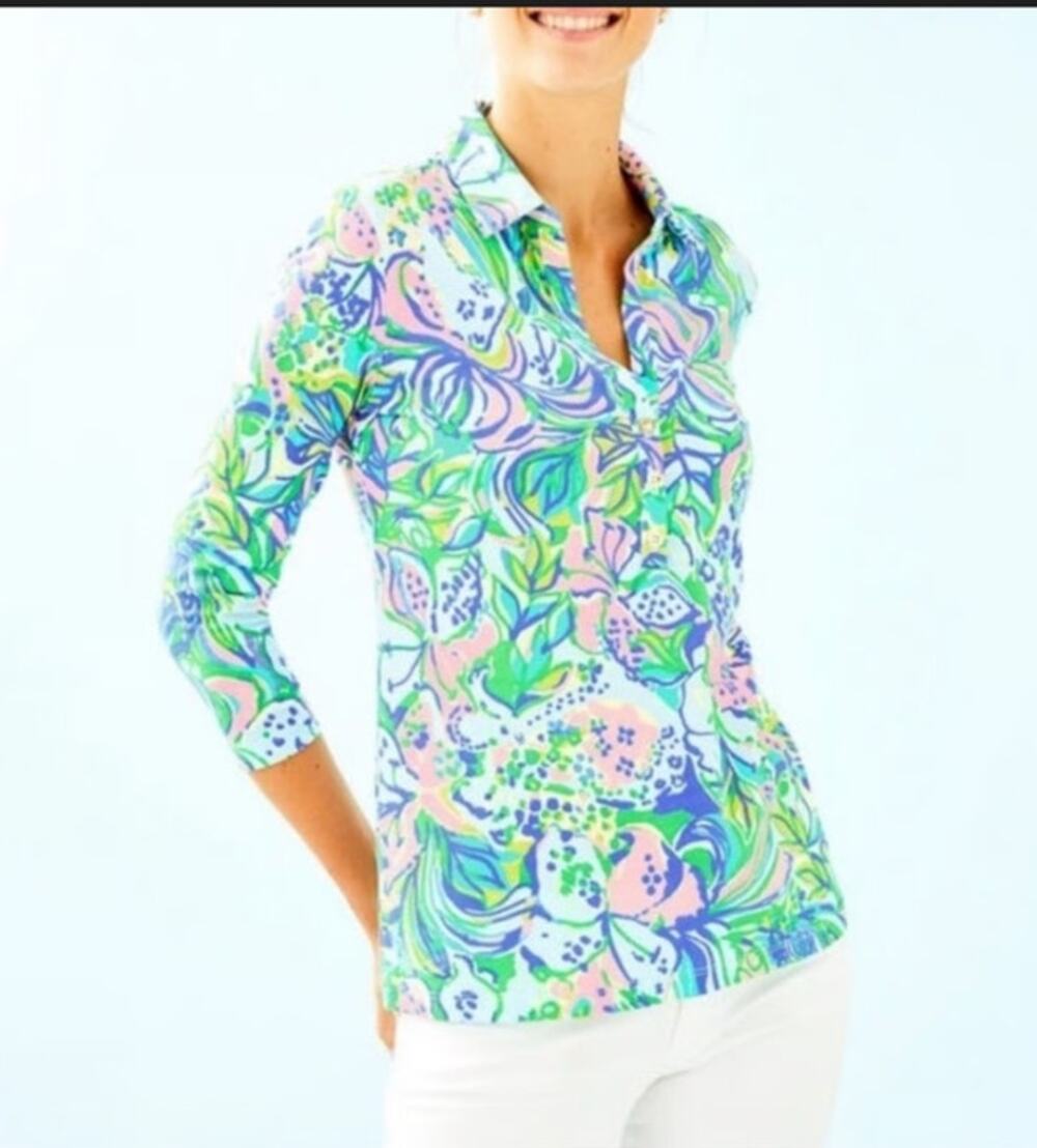 Lilly Pulitzer 100% Pima Cotton Floral 3/4 Sleeve Shirt Size Medium